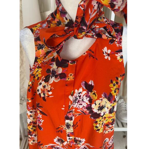A New Day Women's Size S Orange Floral Tie Neck Sleeveless Blouse #0506 - Picture 9 of 12